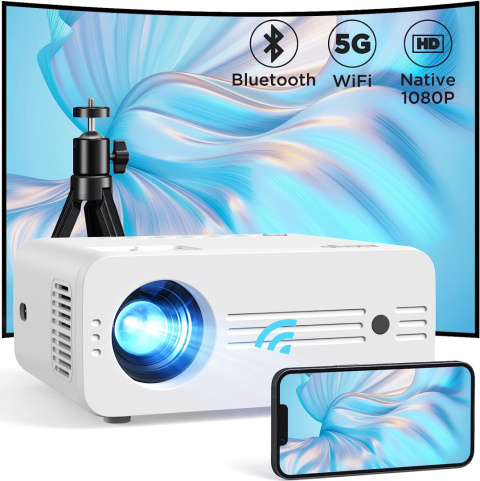 Projektor Full HD 1080P 2.4/5G Hz WiFi Bluetooth 200 ANSI, duży wyświetlacz, 75% zoom LED