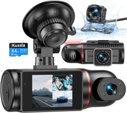 Kamera samochodowa z przodu i z tyłu, kamera samochodowa 1080P, 3 kanały, karta 64 GB