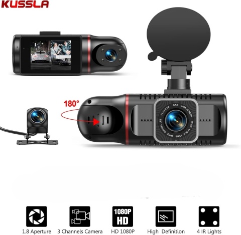 Kamera samochodowa z przodu i z tyłu, kamera samochodowa 1080P, 3 kanały, karta 64 GB Kamera samochodowa z przodu i z tyłu, kamera samochodowa 1080P, 3 kanały, karta 64 GB