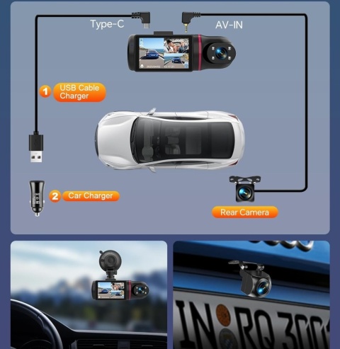Kamera samochodowa z przodu i z tyłu, kamera samochodowa 1080P, 3 kanały, karta 64 GB Kamera samochodowa z przodu i z tyłu, kamera samochodowa 1080P, 3 kanały, karta 64 GB