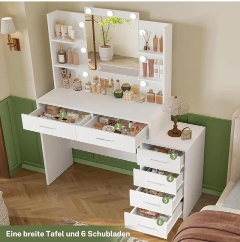 Elegancka toaletka z lustrem LED duża - Szuflady + półki NOWOCZESNA