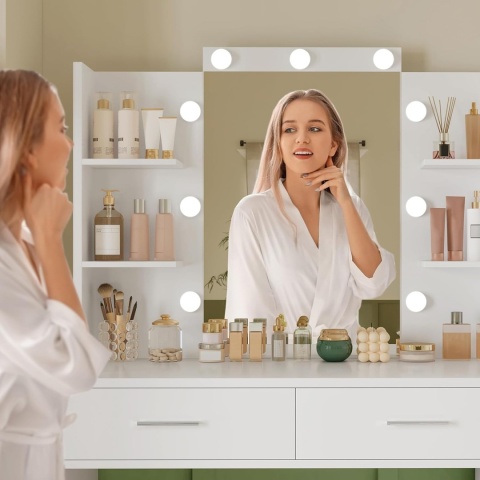 Elegancka toaletka z lustrem LED duża - Szuflady + półki NOWOCZESNA