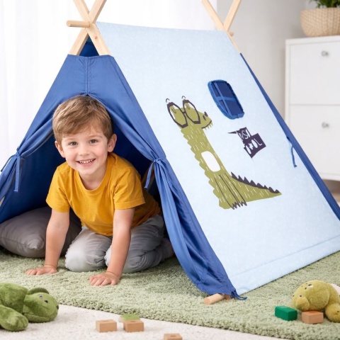 NAMIOT TIPI DLA DZIECI DOMEK DO POKOJU DREWNIANY MATERIAŁOWY SZAŁAS