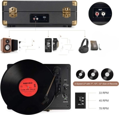 Gramofon 3-biegowy, 33/45/78 obr./min, w stylu retro w walizce Gramofon 3-biegowy, 33/45/78 obr./min, w stylu retro w walizce