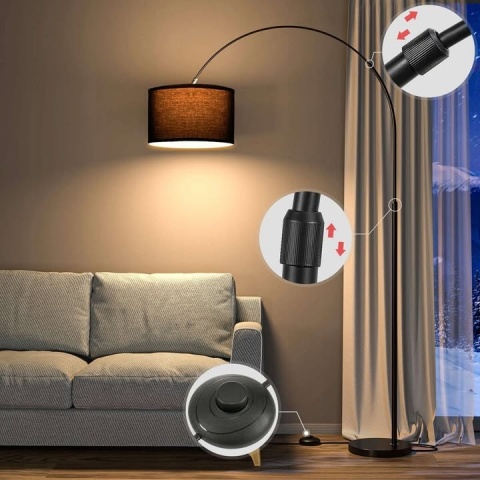Lampa Podłogowa Łukowa 3000K Regulowana wysokość czarny abażur E27 9W Lampa Podłogowa Łukowa 3000K Regulowana wysokość czarny abażur E27 9W