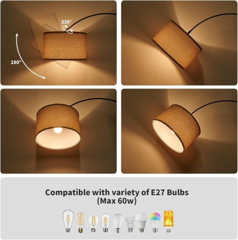 Lampa Podłogowa Łukowa 3000K Regulowana wysokość Beżowy abażur E27 9W Lampa Podłogowa Łukowa 3000K Regulowana wysokość Beżowy abażur E27 9W