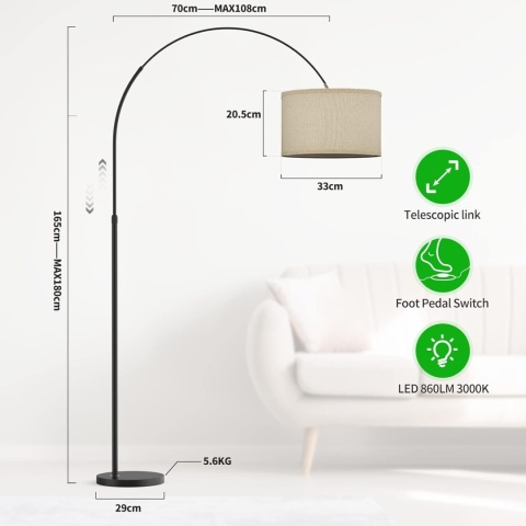 Lampa Podłogowa Łukowa 3000K Regulowana wysokość Beżowy abażur E27 9W Lampa Podłogowa Łukowa 3000K Regulowana wysokość Beżowy abażur E27 9W